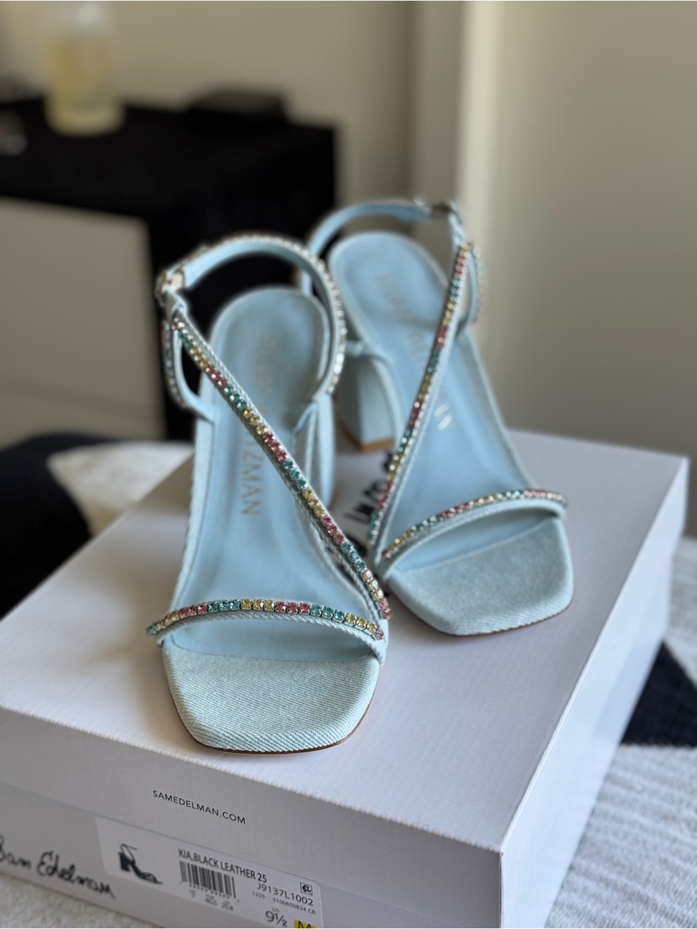 Stuart Weitzman Light Blue Jeweled Strap Heeled Sandals
